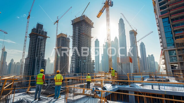 أعمال البناء والمقاولات والتطوير العقاري، الأساسات والهياكل للمشروعات السكنية والمصانع، مفهوم العمل الجماعي والتعاون في أداء المهام، تشييد المباني والمشاريع الضخمة، عمال عرب خليجيين سعوديين يعملون في موقع البناء وقت غروب الشمس