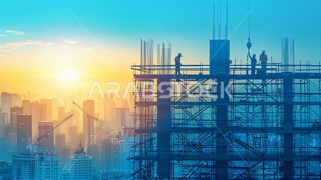 أعمال البناء والمقاولات والتطوير العقاري، الأساسات والهياكل للمشروعات السكنية والمصانع، مفهوم العمل الجماعي والتعاون في أداء المهام، تشييد المباني والمشاريع الضخمة، عمال عرب خليجيين سعوديين يعملون في موقع البناء وقت غروب الشمس