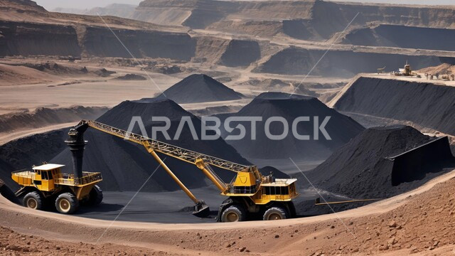 سيارات شحن كبيرة تقوم بالعمل في موقع التعدين، مناطق التنقيب عن الثروات الباطنية، المرتفعات وقمم الجبال في المملكة العربية السعودية,  كميات ضخمة من إنتاج الفحم الوطني، مناجم الفحم الطبيعي العربية