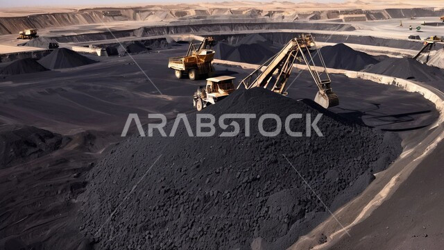 سيارات شحن كبيرة تقوم بالعمل في موقع التعدين، مناطق التنقيب عن الثروات الباطنية، المرتفعات وقمم الجبال في المملكة العربية السعودية,  كميات ضخمة من إنتاج الفحم الوطني، مناجم الفحم الطبيعي العربية