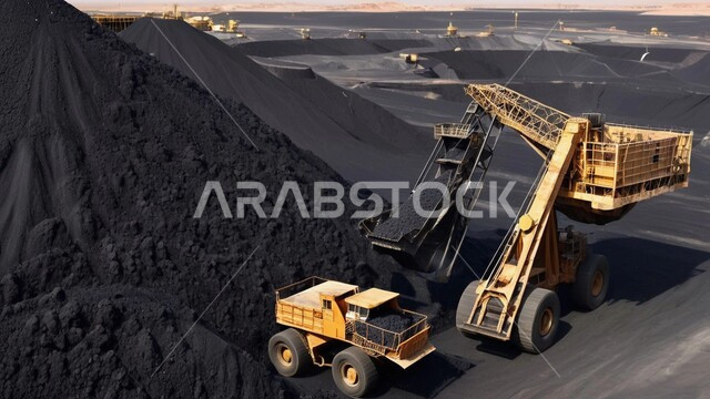 Large trucks working at mining site, underground exploration areas, highlands and mountain peaks in Saudi Arabia, huge quantities of national coal production, Arab natural coal mines