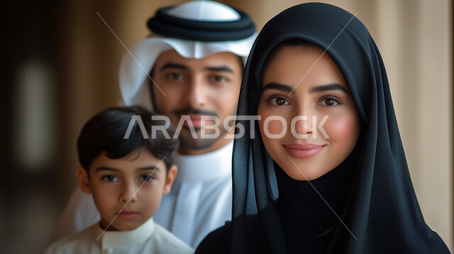 مشاركة الأوقات السعيدة مع العائلة, مفهوم الرعاية والإهتمام بالأبناء, صورة مقربه لعائله عربيه خليجيه سعودية ترتدي اللباس التقليدي تقضي أوقات ممتعه تنظر الى الكاميرا بإيماءات السرور، المحافظة على الترابط الأسري والإستقرار العائلي