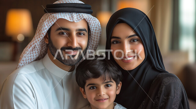 القيام بأنشطة ترفيهية مع أفراد الأسرة، مشاركة الابناء الفعاليات المسلية، أجواء أسرية سعيدة، صورة مقربة لعائلة عربية خليجية سعودية مبتسمة، ايماءات النظر الى الكاميرا بسعادة وسرور، ارتداء الملابس التقليدية في الأعياد والمناسبات