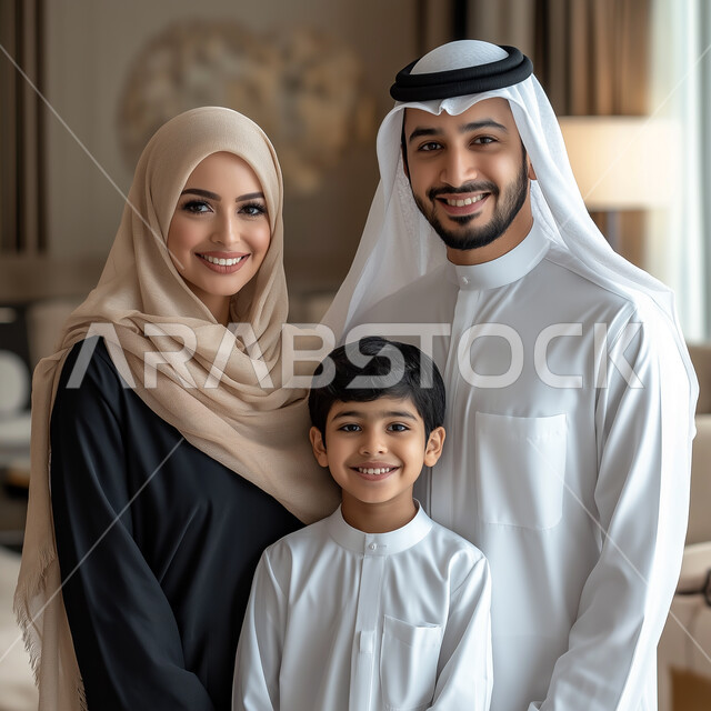 القيام بأنشطة ترفيهية مع أفراد الأسرة، مشاركة الابناء الفعاليات المسلية، أجواء أسرية سعيدة، صورة مقربة لعائلة عربية خليجية سعودية مبتسمة، ايماءات النظر الى الكاميرا بسعادة وسرور، ارتداء الملابس التقليدية في الأعياد والمناسبات