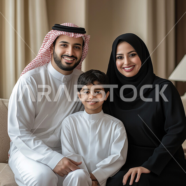مشاركة الأوقات السعيدة مع العائلة, مفهوم الرعاية والإهتمام بالأبناء, صورة مقربه لعائله عربيه خليجيه سعودية ترتدي اللباس التقليدي تقضي أوقات ممتعه تنظر الى الكاميرا بإيماءات السرور، المحافظة على الترابط الأسري والإستقرار العائلي