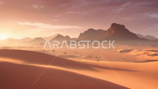 التضاريس و المرتفعات والقمم الجبلية في البراري، التكوينات والتشكلات الرملية في صحراء المملكة العربية السعودية، الهضاب و التلال من الرمال الناعمة الذهبية، غروب الشمس فوق مناطق البادية والبيئة الطبيعية الصحراوية، خلفية الطبيعة