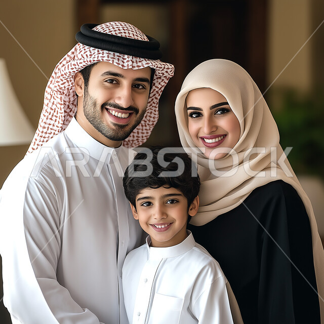القيام بأنشطة ترفيهية مع أفراد الأسرة، مشاركة الابناء الفعاليات المسلية، أجواء أسرية سعيدة، صورة مقربة لعائلة عربية خليجية سعودية مبتسمة، ايماءات النظر الى الكاميرا بسعادة وسرور، ارتداء الملابس التقليدية في الأعياد والمناسبات