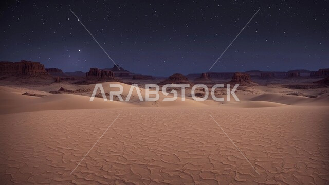 Terrain, heights and mountain peaks in the wilderness, sand formations and formations in the desert of Saudi Arabia, plateaus and hills of soft golden sand, desert areas and desert natural environment at night, nature background
