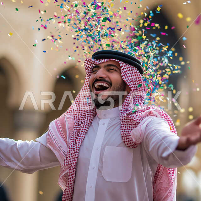 البهجه والفرحة بقدوم العيد السعيد، ايماءات وتعابير البشاشة والسرور، الاحتفال بالأعياد والمناسبات الإسلامية السعيدة، صورة مقربة لرجل عربي خليجي سعودي يرتدي الثوب التقليدي والشماغ يقوم بالاحتفال ومشاهدة المفرقعات الورقية الملونة