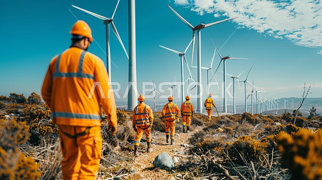 حقول توربينات الرياح وطواحين الهواء وسط الأراضي والمساحات الزراعية، التنمية المستدامة بالطاقة البديلة في المملكة العربية السعودية, صورة من الخلغ لمهندسون عرب سعوديون يرتدون السترة وخوذة الحماية يذهبون إلى موقع العمل, مفهوم استخدام الطاقات المتجددة صديقة البيئة