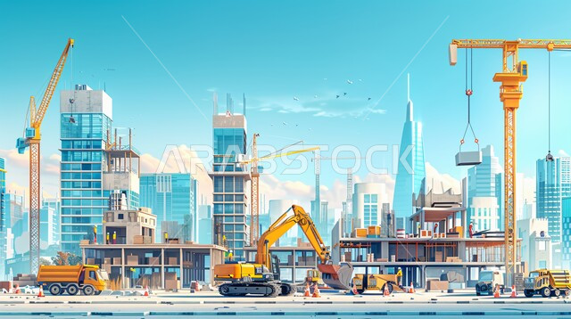 رسوم توضيحية لمبنى قيد الانشاء في المملكة العربية السعودية, اعمال البناء وصب الخرسانات ووضع الأساسات، الآلات والمعدات الثقيلة والرافعات والسقالات العالية, مفهوم الهندسة الانشائية والمعمارية، تنفيذ مخطط الإعمار وتشكيل الهيكل المعدني