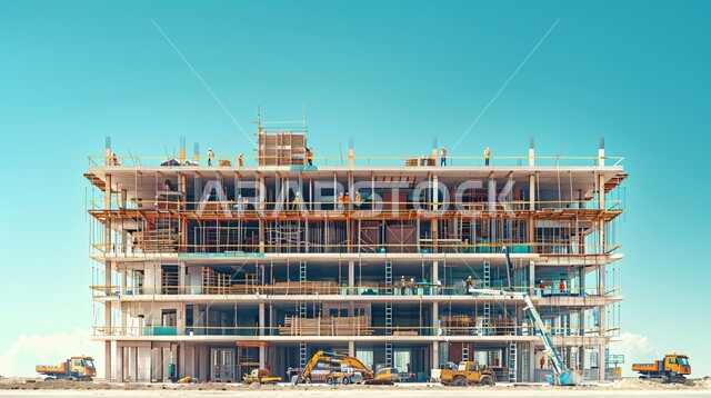رسوم توضيحية لمبنى قيد الانشاء في المملكة العربية السعودية, اعمال البناء وصب الخرسانات ووضع الأساسات، الآلات والمعدات الثقيلة والرافعات والسقالات العالية, مفهوم الهندسة الانشائية والمعمارية، تنفيذ مخطط الإعمار وتشكيل الهيكل المعدني