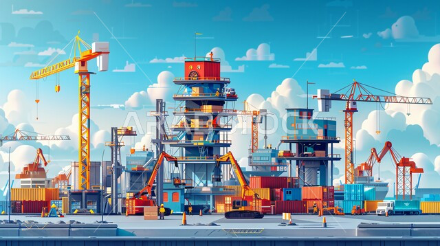 رسوم توضيحية لمبنى قيد الانشاء في المملكة العربية السعودية, اعمال البناء وصب الخرسانات ووضع الأساسات، الآلات والمعدات الثقيلة والرافعات والسقالات العالية, مفهوم الهندسة الانشائية والمعمارية، تنفيذ مخطط الإعمار وتشكيل الهيكل المعدني