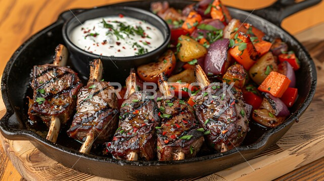 شرائح لحم الضأن المشوي مع الخضار المشوية والصلصة الكريمية، وصفات طعام شهية صحية ولذيذة، وجبة ذات قيمة غذائية عالية، فنون التقديم في مطاعم ومطابخ المملكة العربية السعودية، أطباق من المأكولات الشرقية التقليدية الشعبية 