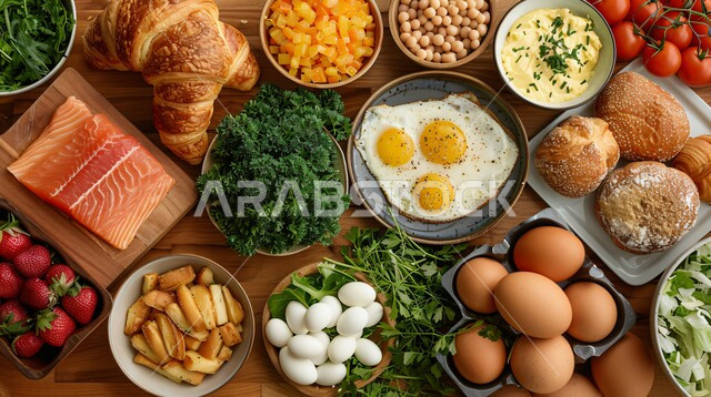 A feast of the most delicious breakfast meals with fresh ingredients, delicious, healthy and tasty food recipes, a meal with high nutritional value, the arts of presentation in restaurants and kitchens in the Kingdom of Saudi Arabia, dishes of traditional popular oriental cuisine