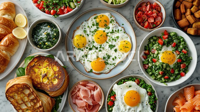A feast of the most delicious breakfast meals with fresh ingredients, delicious, healthy and tasty food recipes, a meal with high nutritional value, the arts of presentation in restaurants and kitchens in the Kingdom of Saudi Arabia, dishes of traditional popular oriental cuisine