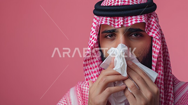 إيماءات المرض والتعب الشديد، تعابير تدل على العطاس والإرهاق، الإصابة بالزكام والانفلونزا، بورتريه مقرب لرجل عربي سعودي خليجي يرتدي الشماغ الأحمر و الثوب التقليدي يمسح أنفه باستخدام المناديل الورقية, خلفية وردية