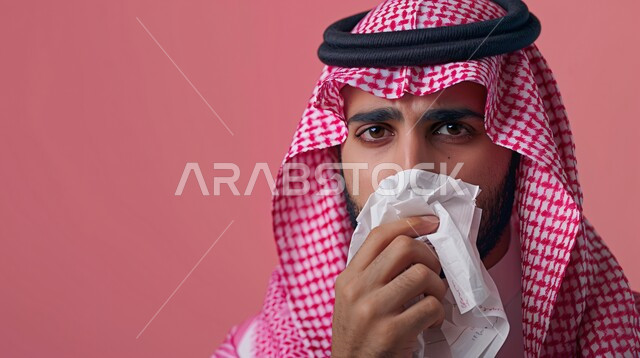 إيماءات المرض والتعب الشديد، تعابير تدل على العطاس والإرهاق، الإصابة بالزكام والانفلونزا، بورتريه مقرب لرجل عربي سعودي خليجي يرتدي الشماغ الأحمر و الثوب التقليدي يمسح أنفه باستخدام المناديل الورقية, خلفية وردية