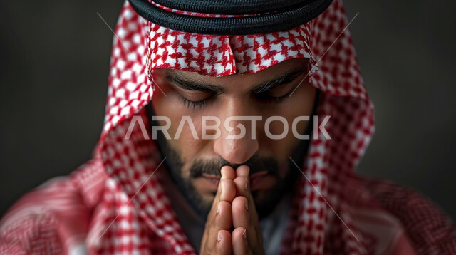 إيماءات الدعاء والتوسل لرب العباد, التضرع إلى الله تعالى, بورتريه مقرب لشاب عربي خليجي سعودي يرتدي الثوب التقليدي والشماغ يرفع يديه بتعابير الخشوع و طلب العون, الرغبة في تحقيق الأمنيات, خلفية سوداء