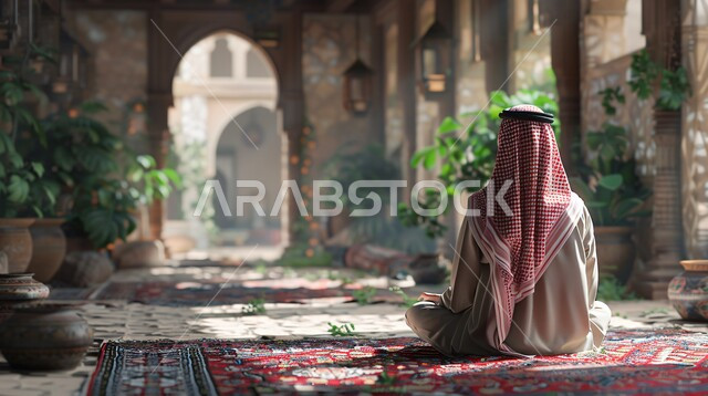 أجواء دينية روحانية، أداء فروض الصلاة على وقتها، الركن الثاني من اركان الاسلام، التقرب إلى الله عن طريق القيام بالفرائض والعبادات، صورة من الخلف لرجل عربي سعودي خليجي يرتدي الثوب التقليدي والشماغ يجلس على سجادة في ساحة المسجد، الأقواس والأعمدة على الطراز الإسلامي