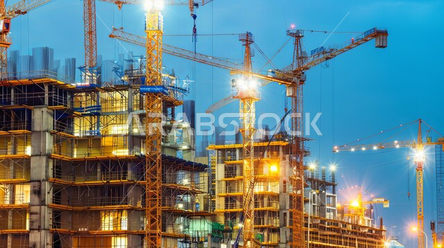 النمو والتطور المعماري والتقدم الحضاري في المملكة العربية السعودية، أعمال البناء والمقاولات والتطوير العقاري، مفهوم تحسين البنية التحتية للبلاد، إنشاء الأساسات والهياكل لتشييد المشروعات السكنية والمصانع الحديثة، المباني  والمشاريع الضخمة المضيئة عند الغروب