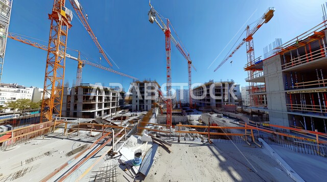 النمو والتطور المعماري والتقدم الحضاري في المملكة العربية السعودية، أعمال البناء والمقاولات والتطوير العقاري، مفهوم تحسين البنية التحتية للبلاد، إنشاء الأساسات والهياكل للمشروعات السكنية والمصانع الحديثة، الرافعات والمعدات الثقيلة لتشييد المباني  الضخمة