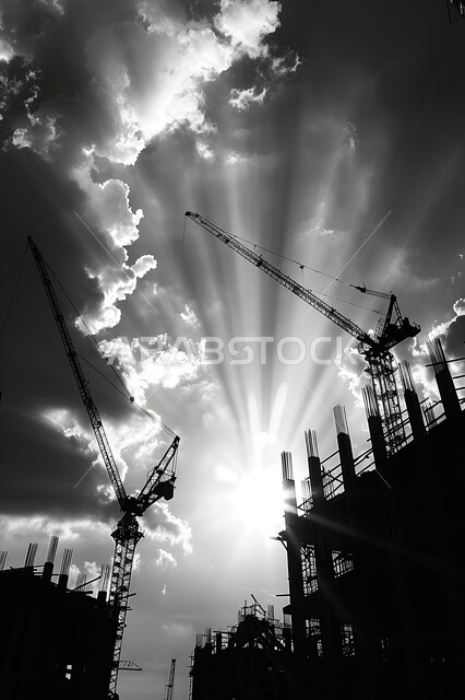 أعمال المقاولات والتطوير العقاري، مفهوم تحسين البنية التحتية للبلاد، صورة بالأبيض والأسود للرافعات العالية ومعدات البناء الضخمة، الأساسات والهياكل الحديدية للمشروعات الحديثة، التطور المعماري والحضاري في المملكة العربية السعودية، تشييد المباني والمشاريع السكنية