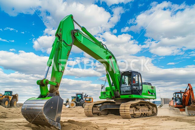 تحسين البنية التحتية لإقامة المباني والمشاريع الحديثة، مفهوم الهندسة المعمارية والإنشاءات، جرافة كبيرة تعمل في الحفر ورفع الأنقاض والأتربة في موقع العمل، الاعتماد على الآلات والمعدات الثقيلة في أعمال البناء، مهن ووظائف هندسية صناعية في المملكة العربية السعودية 