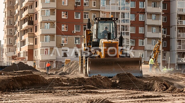 Improving the infrastructure for the construction of modern buildings and projects, the concept of architectural and construction engineering, a large bulldozer working in digging and lifting rubble and dirt at the work site, relying on heavy machinery and equipment in construction work, industrial engineering professions and jobs in the Kingdom of Saudi Arabia