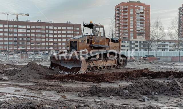 مفهوم الهندسة المعمارية والإنشاءات، جرافة كبيرة تعمل في الحفر ورفع الأنقاض والأتربة في موقع العمل، الاعتماد على الآلات والمعدات الثقيلة في أعمال البناء، مهن ووظائف هندسية صناعية في المملكة العربية السعودية، تحسين البنية التحتية لإقامة المباني والمشاريع الحديثة