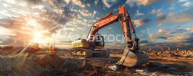 مفهوم الهندسة المعمارية والإنشاءات، جرافة كبيرة تعمل في الحفر ورفع الأنقاض والأتربة في موقع العمل، الاعتماد على الآلات والمعدات الثقيلة في أعمال البناء، مهن ووظائف هندسية صناعية في المملكة العربية السعودية، تحسين البنية التحتية لإقامة المباني والمشاريع الحديثة