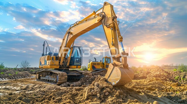 مفهوم الهندسة المعمارية والإنشاءات، جرافة كبيرة تعمل في الحفر ورفع الأنقاض والأتربة في موقع العمل، الاعتماد على الآلات والمعدات الثقيلة في أعمال البناء، مهن ووظائف هندسية صناعية في المملكة العربية السعودية، تحسين البنية التحتية لإقامة المباني والمشاريع الحديثة