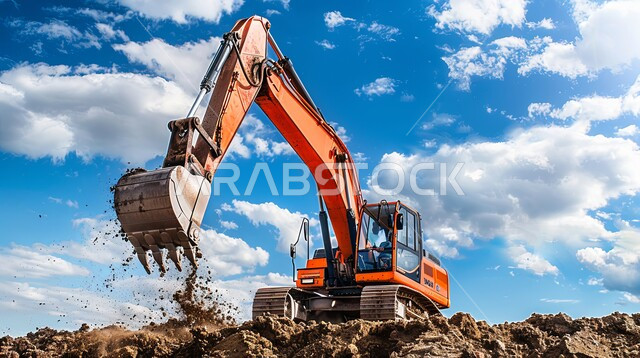 مفهوم الهندسة المعمارية والإنشاءات، جرافة كبيرة تعمل في الحفر ورفع الأنقاض والأتربة في موقع العمل، الاعتماد على الآلات والمعدات الثقيلة في أعمال البناء، مهن ووظائف هندسية صناعية في المملكة العربية السعودية، تحسين البنية التحتية لإقامة المباني والمشاريع الحديثة