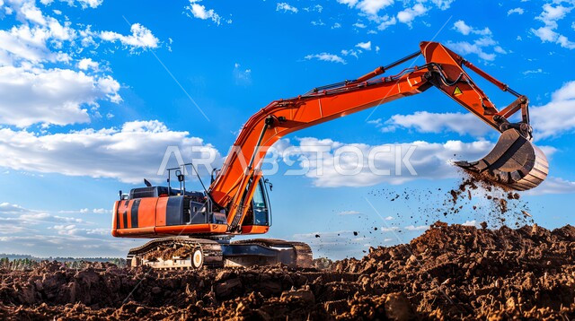 مفهوم الهندسة المعمارية والإنشاءات، جرافة كبيرة تعمل في الحفر ورفع الأنقاض والأتربة في موقع العمل، الاعتماد على الآلات والمعدات الثقيلة في أعمال البناء، مهن ووظائف هندسية صناعية في المملكة العربية السعودية، تحسين البنية التحتية لإقامة المباني والمشاريع الحديثة