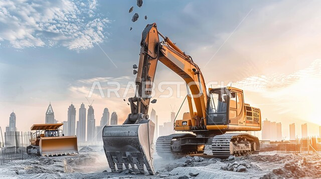 جرافة كبيرة تعمل في الحفر ورفع الأنقاض والأتربة في موقع العمل، الاعتماد على الآلات والمعدات الثقيلة في أعمال البناء، مهن ووظائف هندسية صناعية في المملكة العربية السعودية، مفهوم الهندسة المعمارية والإنشاءات، تحسين البنية التحتية لإقامة المباني والمشاريع الحديثة