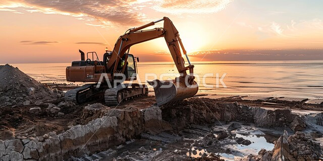 جرافة كبيرة تعمل في الحفر ورفع الأنقاض والأتربة في موقع العمل، الاعتماد على الآلات والمعدات الثقيلة في أعمال البناء، مهن ووظائف هندسية صناعية في المملكة العربية السعودية، مفهوم الهندسة المعمارية والإنشاءات، تحسين البنية التحتية لإقامة المباني والمشاريع الحديثة