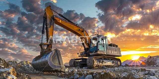 جرافة كبيرة تعمل في الحفر ورفع الأنقاض والأتربة في موقع العمل، الاعتماد على الآلات والمعدات الثقيلة في أعمال البناء، مهن ووظائف هندسية صناعية في المملكة العربية السعودية، مفهوم الهندسة المعمارية والإنشاءات، تحسين البنية التحتية لإقامة المباني والمشاريع الحديثة