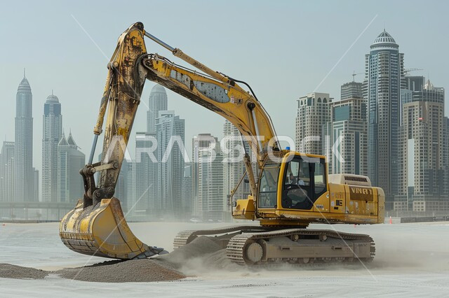 جرافة كبيرة تعمل في الحفر ورفع الأنقاض والأتربة في موقع العمل، الاعتماد على الآلات والمعدات الثقيلة في أعمال البناء، مهن ووظائف هندسية صناعية في المملكة العربية السعودية، مفهوم الهندسة المعمارية والإنشاءات، تحسين البنية التحتية لإقامة المباني والمشاريع الحديثة