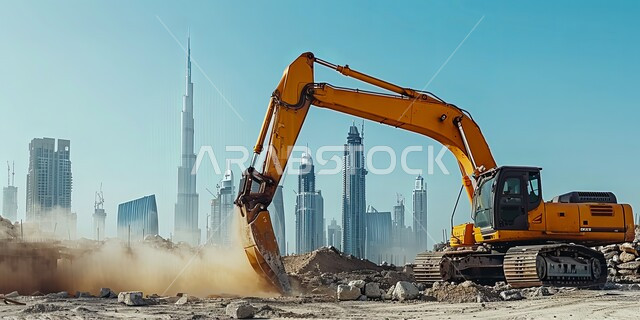 جرافة كبيرة تعمل في الحفر ورفع الأنقاض والأتربة في موقع العمل، الاعتماد على الآلات والمعدات الثقيلة في أعمال البناء، مهن ووظائف هندسية صناعية في المملكة العربية السعودية، مفهوم الهندسة المعمارية والإنشاءات، تحسين البنية التحتية لإقامة المباني والمشاريع الحديثة