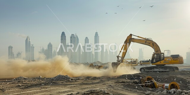 الاعتماد على الآلات والمعدات الثقيلة في أعمال البناء، مهن ووظائف هندسية صناعية في المملكة العربية السعودية، جرافة كبيرة تعمل في الحفر ورفع الأنقاض والأتربة في موقع العمل، مفهوم الهندسة المعمارية والإنشاءات، تحسين البنية التحتية لإقامة المباني والمشاريع الحديثة