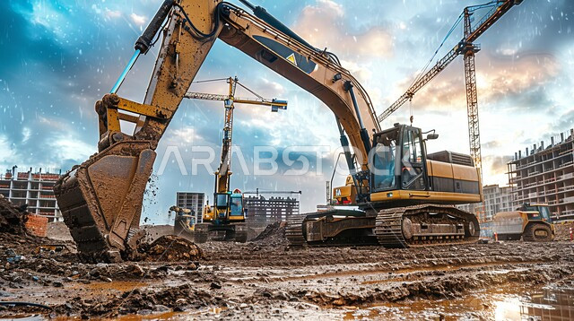 الاعتماد على الآلات والمعدات الثقيلة في أعمال البناء، مهن ووظائف هندسية صناعية في المملكة العربية السعودية، جرافة كبيرة تعمل في الحفر ورفع الأنقاض والأتربة في موقع العمل، مفهوم الهندسة المعمارية والإنشاءات، تحسين البنية التحتية لإقامة المباني والمشاريع الحديثة