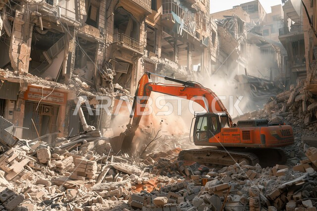 الاعتماد على الآلات والمعدات الثقيلة في أعمال البناء، مهن ووظائف هندسية صناعية في المملكة العربية السعودية، جرافة كبيرة تعمل في الحفر ورفع الأنقاض والأتربة في موقع العمل، مفهوم الهندسة المعمارية والإنشاءات، تحسين البنية التحتية لإقامة المباني والمشاريع الحديثة