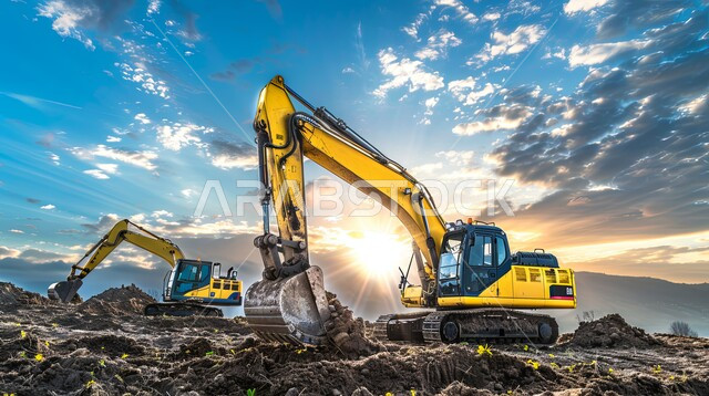 Reliance on heavy machinery and equipment in construction work, industrial engineering professions and jobs in the Kingdom of Saudi Arabia, a large bulldozer working in digging and lifting rubble and dirt at the work site, the concept of architectural and construction engineering, improving the infrastructure for the construction of modern buildings and projects