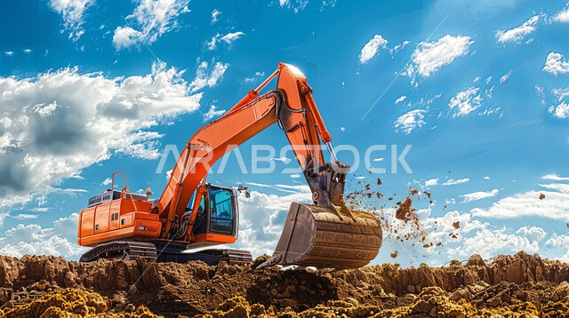 الاعتماد على الآلات والمعدات الثقيلة في أعمال البناء، مهن ووظائف هندسية صناعية في المملكة العربية السعودية، جرافة كبيرة تعمل في الحفر ورفع الأنقاض والأتربة في موقع العمل، مفهوم الهندسة المعمارية والإنشاءات، تحسين البنية التحتية لإقامة المباني والمشاريع الحديثة