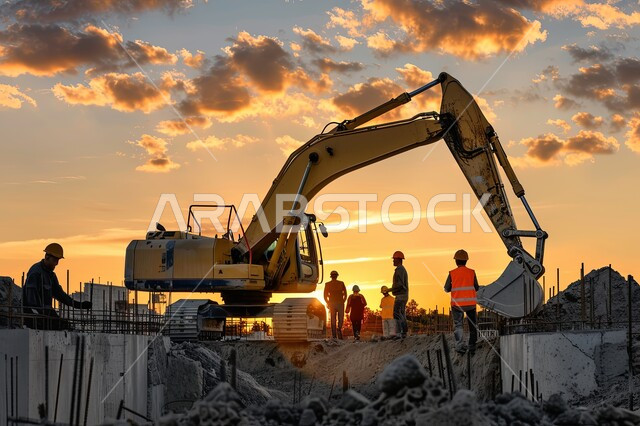 Industrial engineering jobs and professions in Saudi Arabia, a bulldozer lifting and filling rubble at sunset, a picture of a group of Saudi Arabian Gulf engineers supervising the work site, the concept of engineering, construction and development, the use of heavy and advanced machinery and equipment