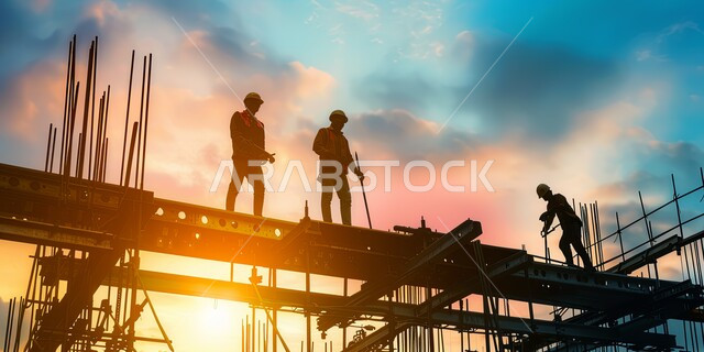 تشييد المباني والمشاريع الضخمة، مفهوم العمل الجماعي والتعاون في أداء المهام، المقاولات والتطوير العقاري، إنشاء الأساسات والهياكل للمشروعات السكنية، صورة ظلية لمجموعة من العمال والمهندسين العربيين الخليجيين السعوديين يعملون في موقع البناء عند الغروب، سالوليت