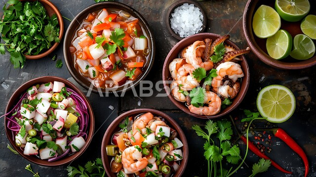 سلطات الأسماك والكائنات البحرية، فن تقديم المأكولات البحرية في المطاعم السعودية، أطباق المقبلات الباردة اللذيذة، طبق الروبيان مع الخضروات الطازجة، وصفات الطعام الصحي الغني بالفوائد والعناصر الغذائية