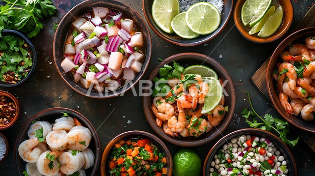 أطباق المقبلات الباردة اللذيذة، سلطات الأسماك والكائنات البحرية، فن تقديم المأكولات البحرية في المطاعم السعودية، طبق الروبيان مع الخضروات الطازجة، وصفات الطعام الصحي الغني بالفوائد والعناصر الغذائية