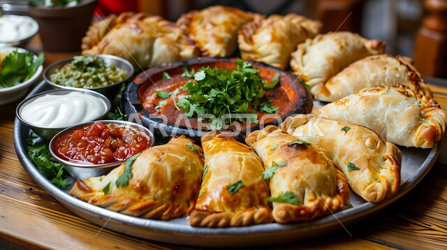 أطباق في سفرة إفطار شهر رمضان المبارك، طبق من السمبوسك المقرمشة مع الصلصات, مقبلات رمضانية شهية، فطائر مقلية متنوعة الحشوات، وصفات المأكولات والأطعمة العربية الشرقية السعودية اللذيذة 