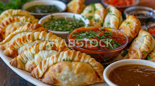 أطباق في سفرة إفطار شهر رمضان المبارك، طبق من السمبوسك المقرمشة مع الصلصات, مقبلات رمضانية شهية، فطائر مقلية متنوعة الحشوات، وصفات المأكولات والأطعمة العربية الشرقية السعودية اللذيذة 